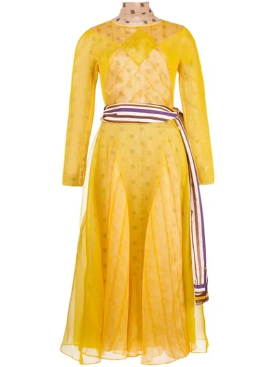 Fendi Ff-embroidered Organza And Mesh Midi Dress In Gold