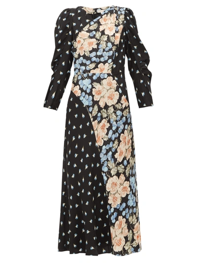 Rebecca Taylor Blush Rose-print Silk-blend Midi Dress In Black Combo