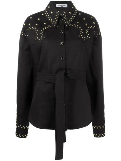 Francoise Studded Cotton-twill Belted Overshirt In Black