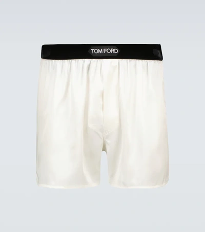 Tom Ford Velvet-trimmed Stretch-silk Satin Boxer Shorts In Neutrals