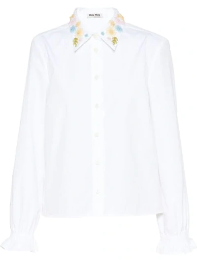 Miu Miu Floral Embroidered Poplin Shirt In White