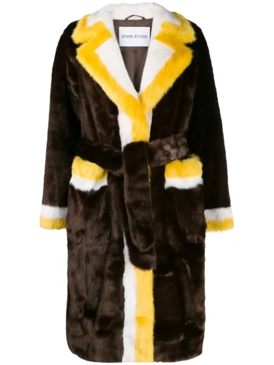 Stand Studio Fur Colour-block Coat In Brown