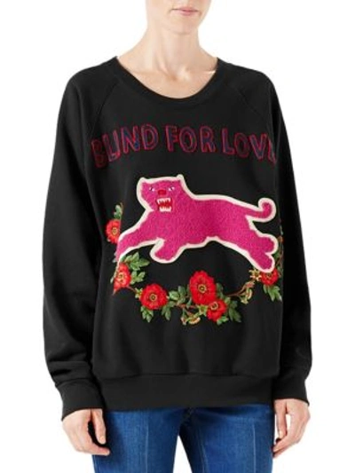 Gucci Panther Embroidered Cotton Sweatshirt In Black | ModeSens