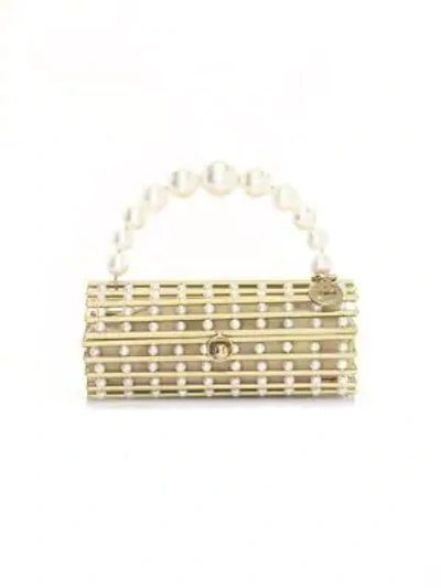 Rosantica Medea Faux Pearl-embellished Box Clutch In Gold White