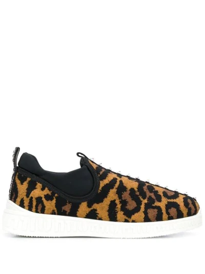 Miu Miu Run Stretch Knit Leopard Print Trainers In Brown