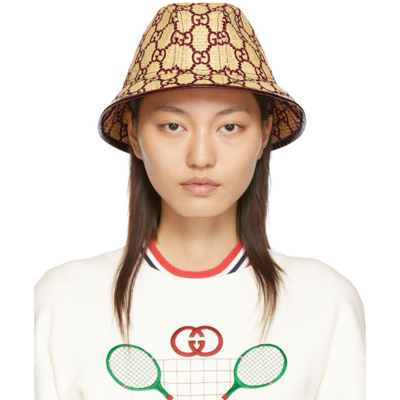 Gucci Basmaa Genuine Snakeskin Trim Gg Embroidered Raffia Hat In Ivory/ Bordeaux
