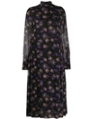 Ganni Floral Print Georgette Long Sleeve Midi Dress In Black