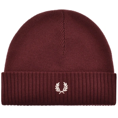 Fred Perry Roll Up Ribbed Beanie Hat Burgundy In Burgandy