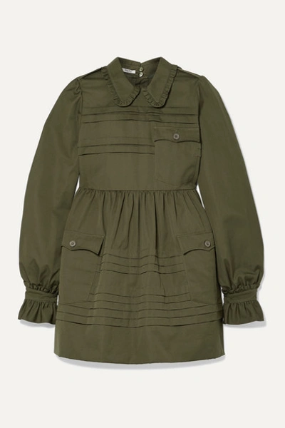 Miu Miu Pintucked Cotton-poplin Mini Dress In Military