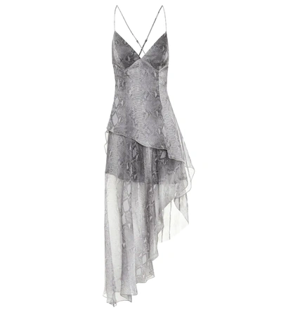 Amiri Asymmetric Layered Snake-print Silk-chiffon Maxi Dress In Silver