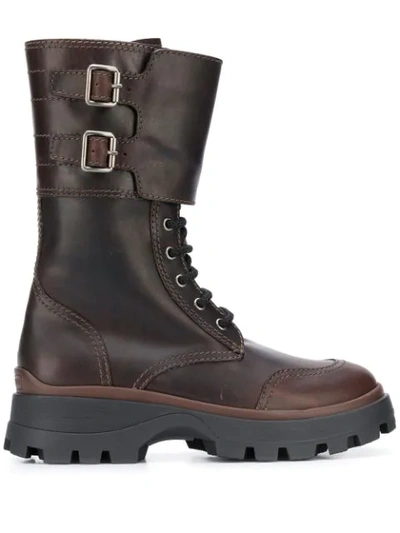 Miu Miu Buckled Military Boots In Dark Brown