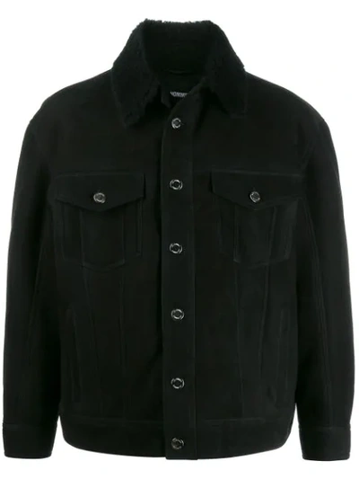 Les Hommes Suede Shearling Short Jacket In Black
