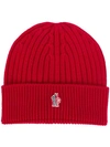 Moncler Logo Knit Beanie In Red