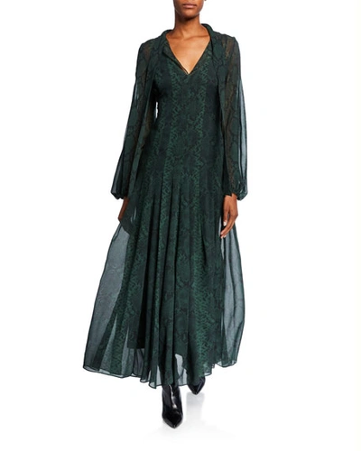 Akris Python-print Silk Tie-neck Floaty Dress In Dark Green