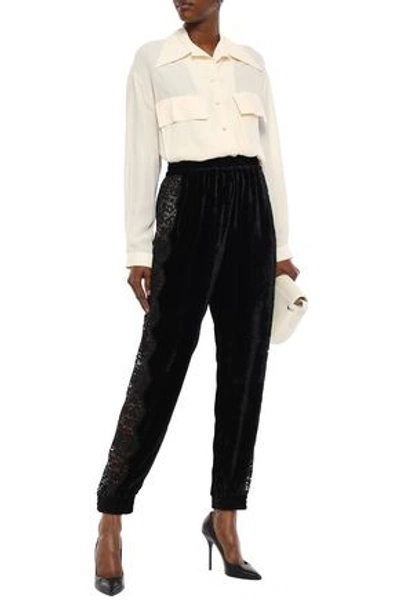 Stella Mccartney Lace-paneled Crushed-velvet Track Pants In Black