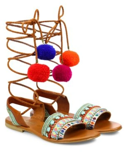 Elina Linardaki L.a. Lover Embroidered Leather High-wrap Sandals In Multi