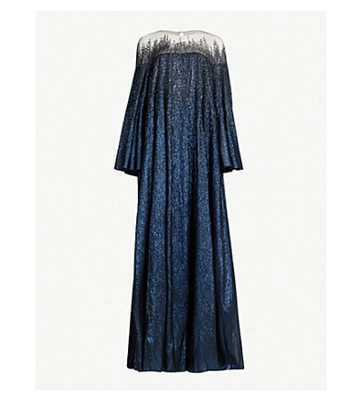 Oscar De La Renta Crystal-embellished Silk-blend Crepe Gown In Navy Navy