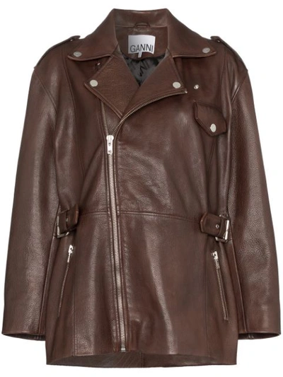 Ganni Buckled Oversized Leather Biker Jacket In 979 Coffee Brown