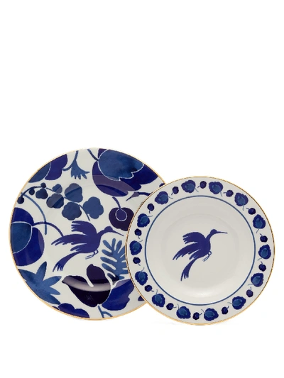 La Doublej Gold-plated Porcelain Soup And Dinner Plate Set In Blue