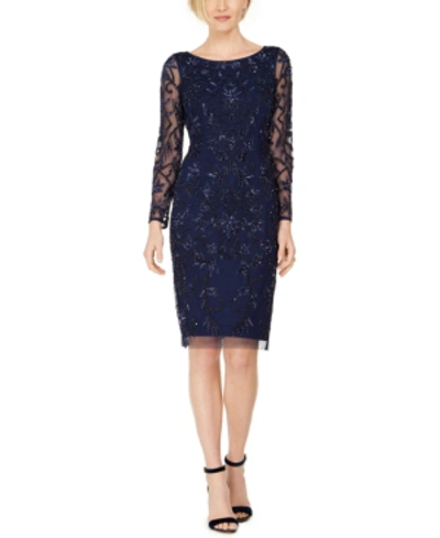 Adrianna Papell Long Sleeve Beaded Cocktail Dress In Light Navy