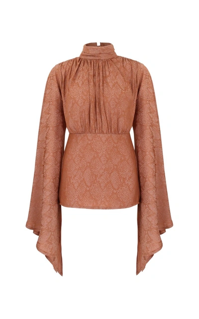 Amal Al Mulla Orange Silk Printed Top With Exaggerated Bell Sleeves In Brown