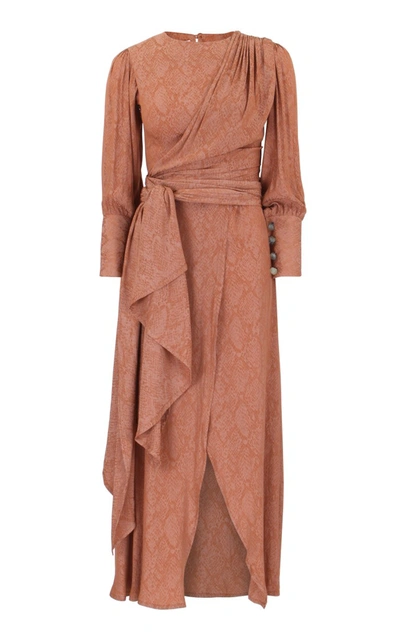Amal Al Mulla Printed Silk Orange Dress With Prehnite Stone Details In Brown