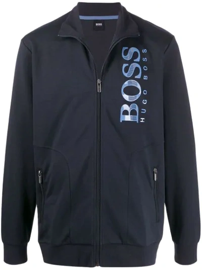 Hugo Boss Textured Logo Zip-up Sweatshirt In Blue
