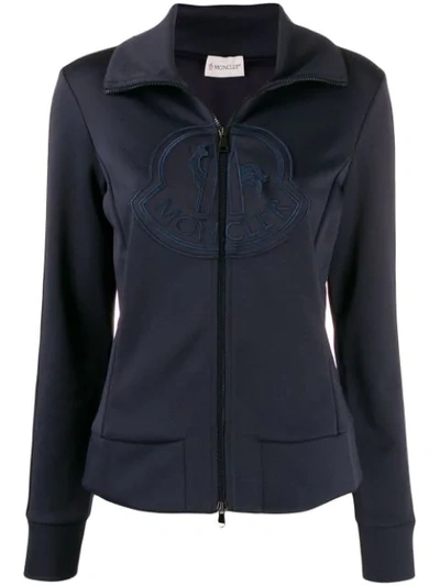 Moncler Logo Embroidered Cotton-blend Sweat Jacket In Blue