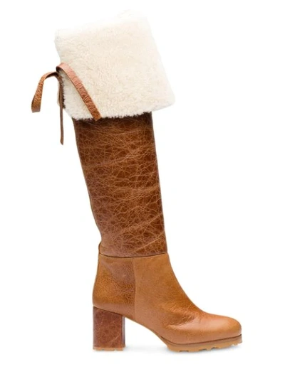 Miu Miu Foldover Shearling 65mm Boots In Brown