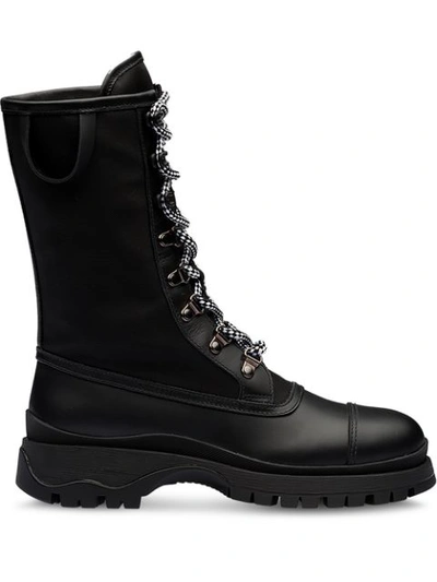 Prada Bi-material Lace-up Boots In Black