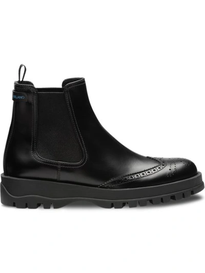 Prada Brogue Detailed Chelsea Boots In Black