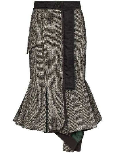 Sacai Herringbone Fishtail Pencil Skirt In Black