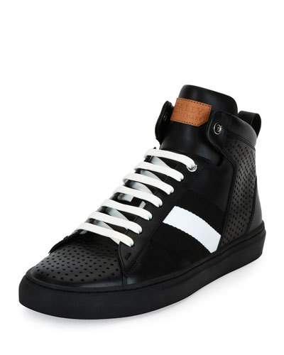 Bally Perforated Vitello High-top Sneaker W/trainspotting Stripe, Black ...