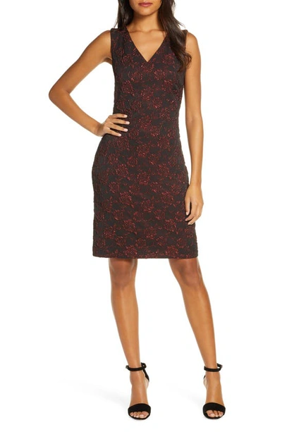 Donna Ricco Metallic Floral Brocade Sleeveless Dress In Red