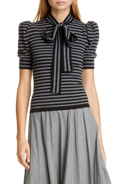 Michael Kors Striped Cashmere Knit Puff-sleeve Bow Blouse In Grey