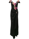 Marchesa Off-the-shoulder Floral Appliqué Duchess Satin Gown In Black