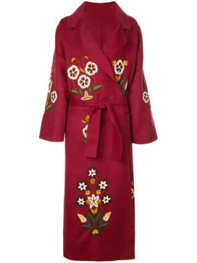 Oscar De La Renta Embroidered Floral Belted Coat In Red