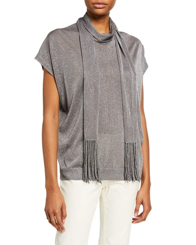 Brunello Cucinelli Shimmer Knit Tunic With Fringed Scarf In Charcoal