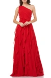 Carmen Marc Valvo Infusion Asymmetric One-shoulder Cascading Chiffon Gown In Cherry