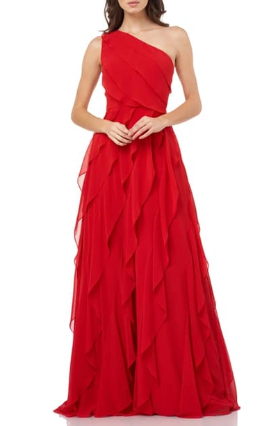 Carmen Marc Valvo Infusion Asymmetric One-shoulder Cascading Chiffon Gown In Cherry