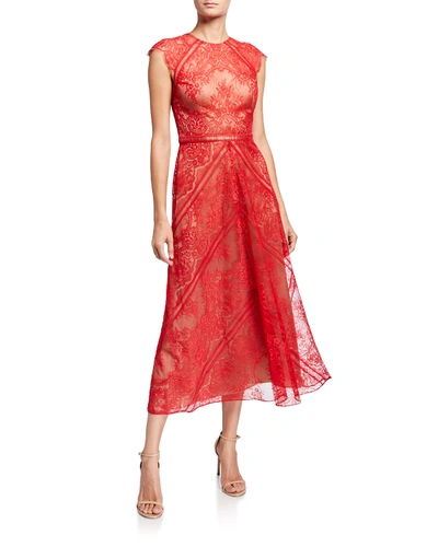 Catherine Deane Cap-sleeve Soft Lace Midi Dress W/ Ladder Trim In Red