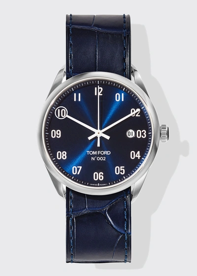 Tom Ford N.002 40mm Round Leather Watch, Blue