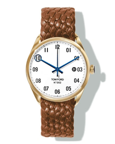 Tom Ford N.002 40mm Round Braided Leather Watch In White/brown