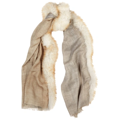 Ama Pure Sand Fur-trimmed Wool Scarf In Beige