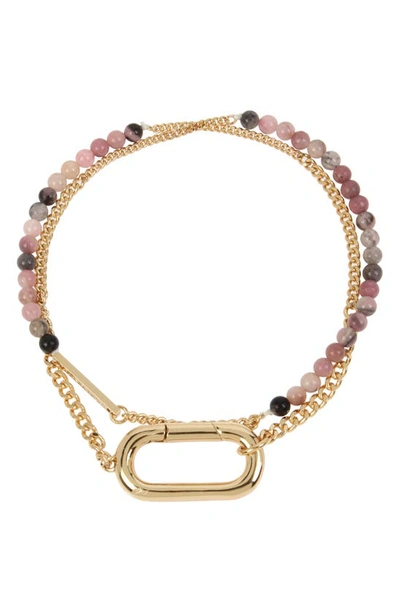 Allsaints Mixed Chain & Bead Double Wrap Bracelet In Rhodochrosite/ Gold