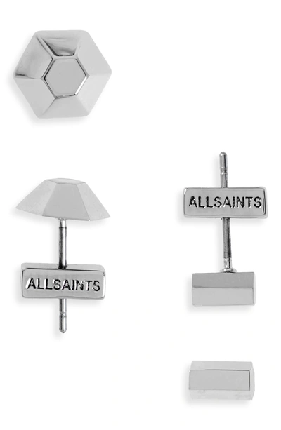 Allsaints Domed Hexagon & Stick Stud Earrings, Set Of 2 In Silver