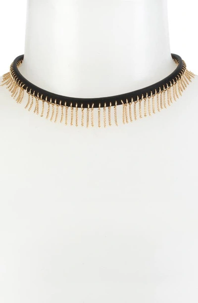 Allsaints Fringe Leather Choker Necklace, 15.5 In Black/ Gold
