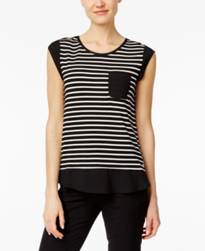 Calvin Klein Striped Cap-sleeve Tee In Black/white