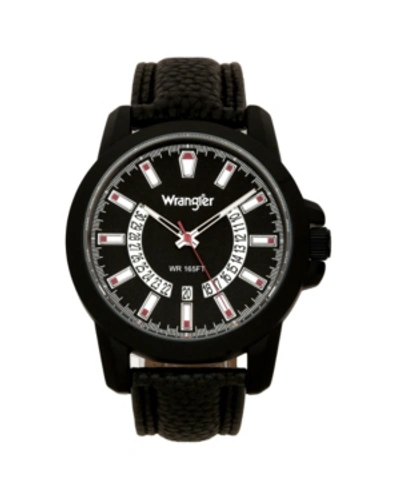 Wrangler Men's Watch, 46mm Ip Black Sandblasted Case And Bezel, Black Dial, White And Red Index Markers, Dual