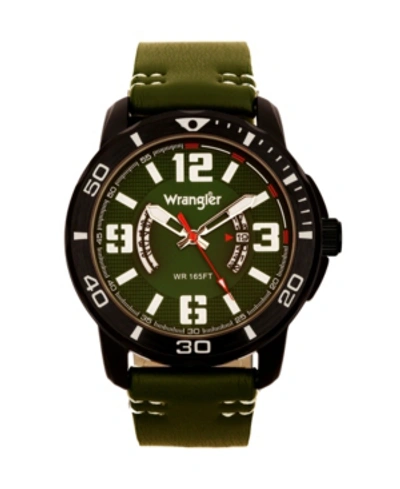 Wrangler Men's Watch, 48mm Ip Black Case With White Printed Arabic Numerals On Outer Black Bezel, Black Dial In Green